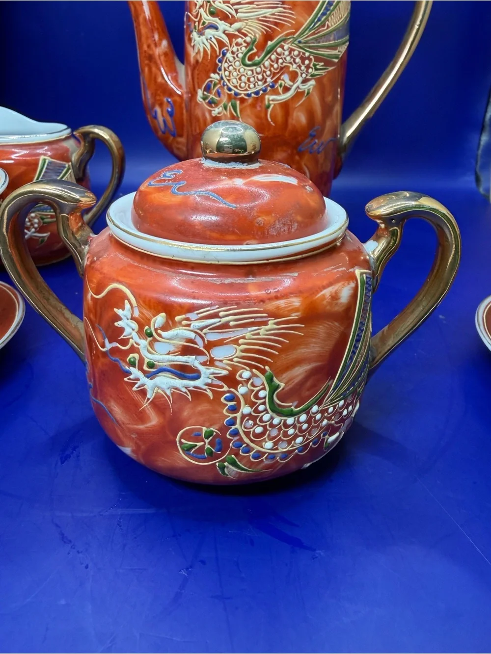 Rust Red Dragonware Porcelain Tea Set with Gold Accents - Vintage